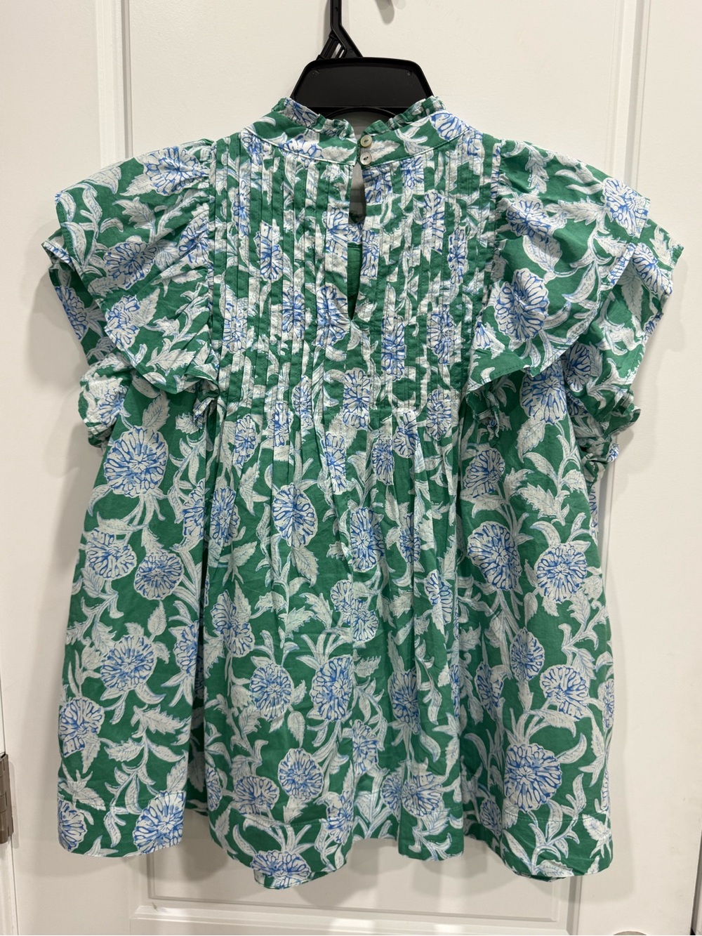 J. Marie The Merritt Pleated Green & Blue Floral Ruffle Blouse - Picture 6 of 6